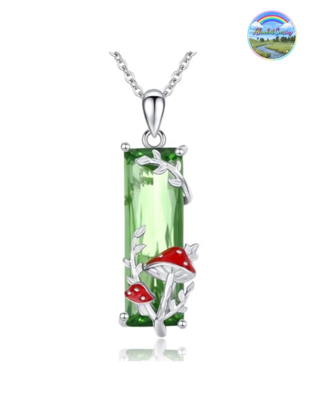 925 Sterling Silver Mushroom Pendant Necklace w/ Green Crystal - Hypoallergenic